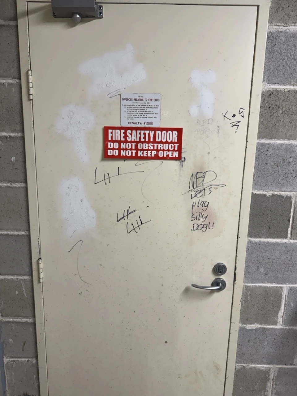 Door before repainting, with visible patches and markings